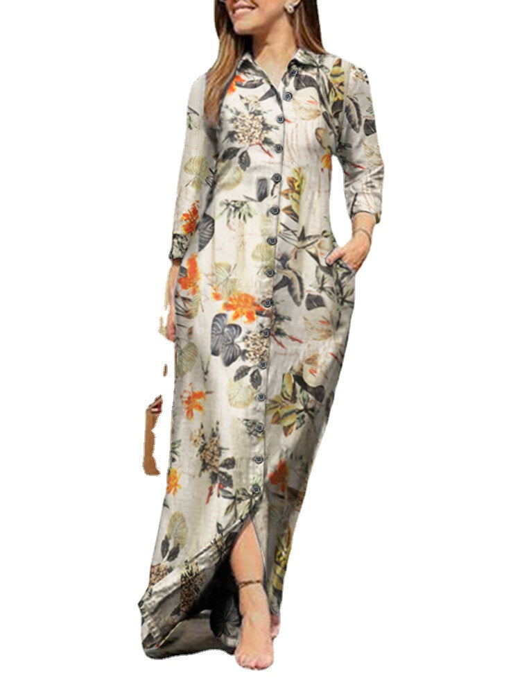 Floral Leaves Print Lapel Button Long Sleeve Daily Casual Maxi Dress