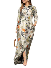 Floral Leaves Print Lapel Button Long Sleeve Daily Casual Maxi Dress