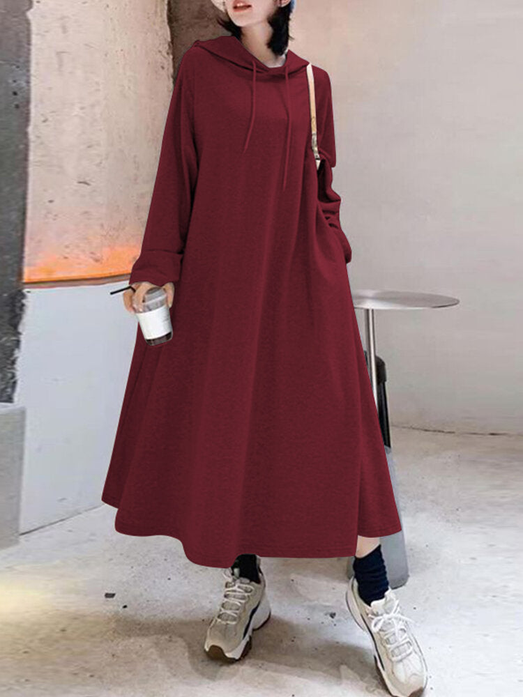 Women Solid Color Irregular Hem Casual Hooded Sweatshirt Maxi Dresses With Side Pocket