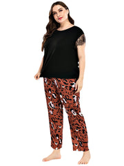 Plus Size Women Lace Black Short Sleeve Top Leopard Pants Home Casual Pajama Set