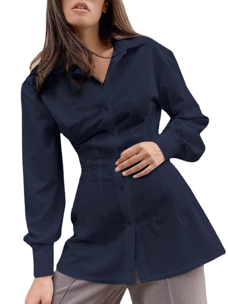 Solid Button Pleated Lapel Long Sleeve Casual Shirt