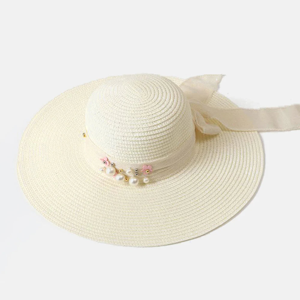 Women Straw Solid Color Elegant Big Brim Pearl Bowknot Wavy Edge Visor Sun Hat Beach Hat Bucket Hat