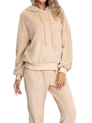 Women Solid Color Fleece Pullover Hoodie Jogger Pants Two-Piece Home Fuzzy Pajamas Set