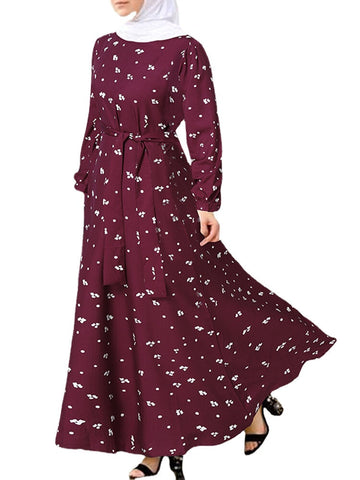 Bohemian Floral Print O-neck Lace Up Long Sleeve Button Belted Maxi Dress