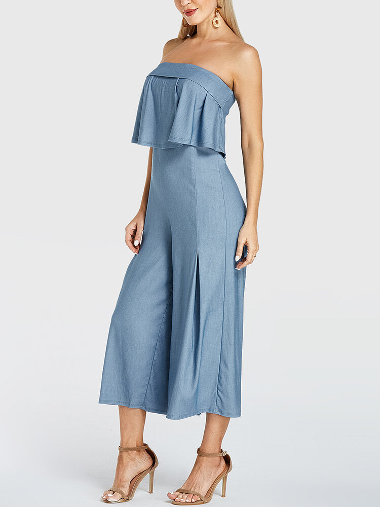 Women Solid Color Ruffle Pleated Off Shoulder Long Casual Jumpsuit