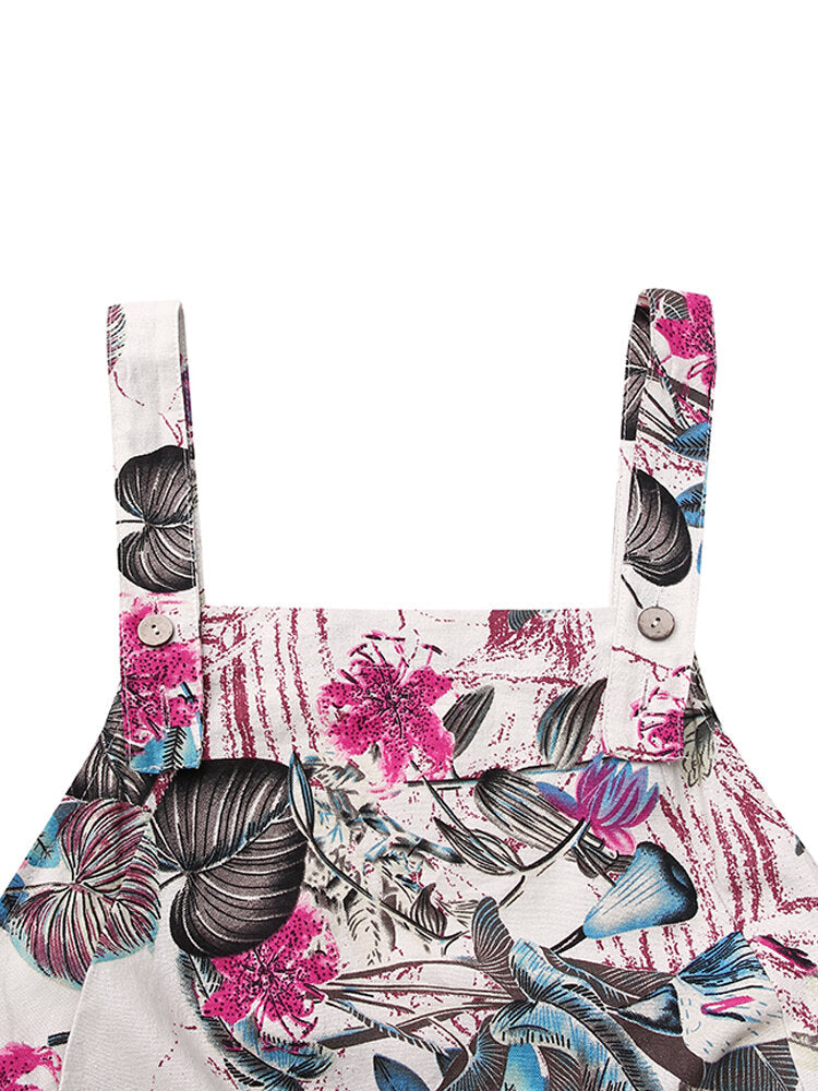 Women Sleeveless Floral Print Button Loose Cotton Vintage Jumpsuits With Side Pocket