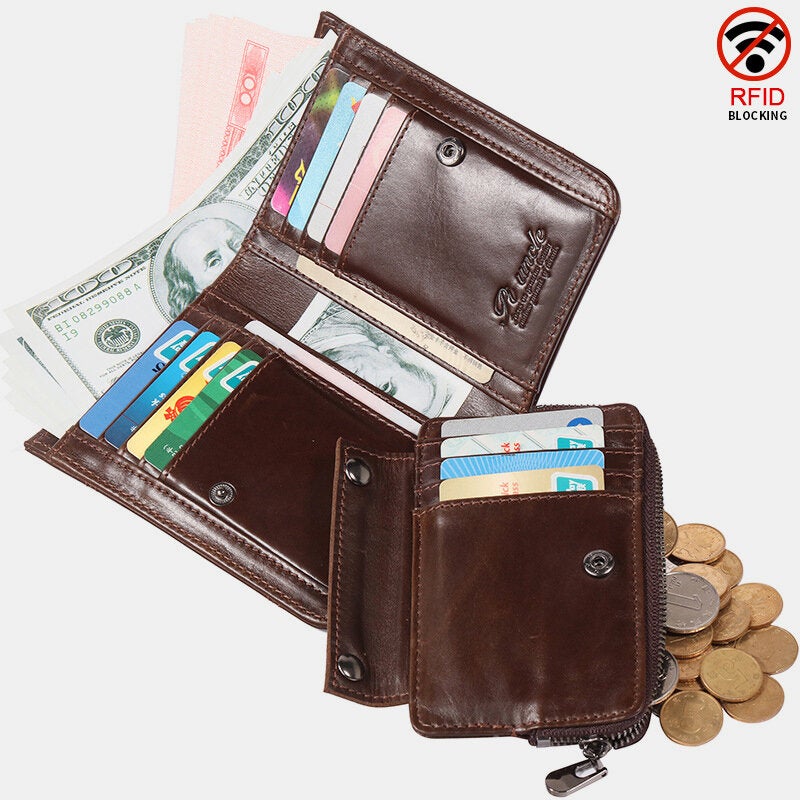 Men Genuine Leather Short RFID Anti-theft Large Capacity Multi-card Slot Card Holder Coin Purse Wallet Money Clip