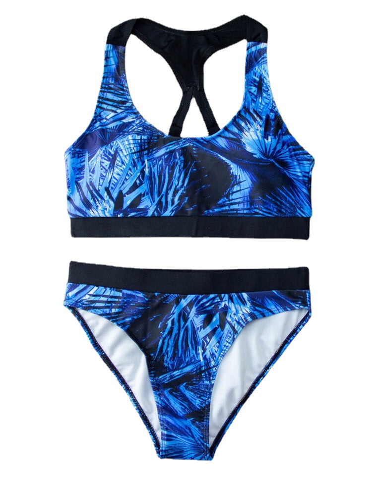 Tropical Leaf Print Criss Cross Back Wide Straps High Waist Summer Beach Bikinis Swimwear