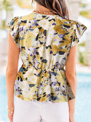 Plant Print V Neck Casual Ruffle Short Sleeve Blouse