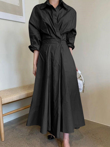 Women Solid Color Fitting Pleated Spliced Buttons Full Sleeve Calf Length Midi Dresses