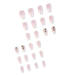 Glossy Pink Gradient Press On Nails with Rhinestones - 24pcs Medium Coffin Fake Nails