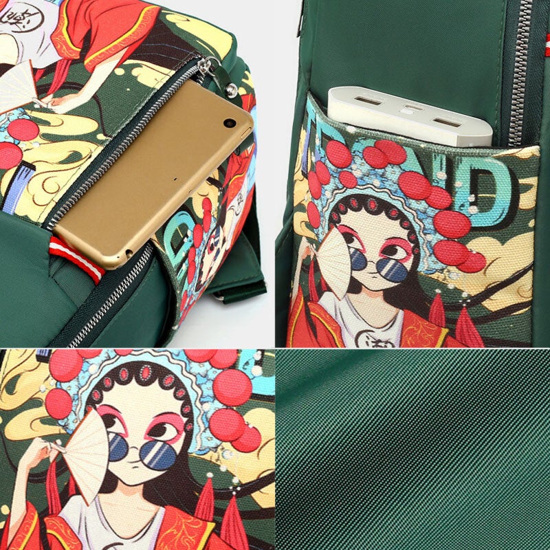 Women Cartoon Peking Opera Characters Printed Backpack Large Capacity Multi-pocket Shoulder Bag