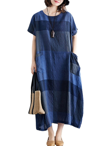 Grid Printed O-neck Front Pocket Short Sleeve Baggy Maxi Dress For Women