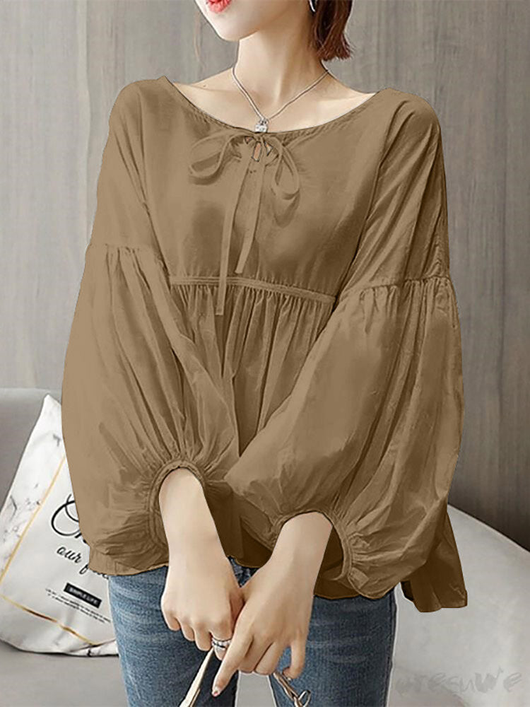 Solid Knotted Ruched Puff Sleeve Casual Blouse