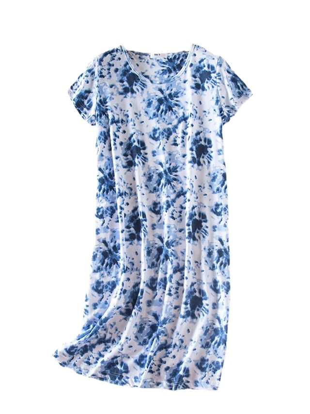 Women's Shift Dress Tunic Mini Dress Basic Casual Print Tie Dye Round Neck Home Lounge Navy Blue Blue