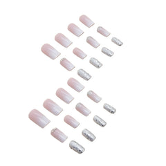 Silver Glitter Squoval Press On Nails, Glossy Rhinestone Fake Nails, 24 Pcs with Glue & File