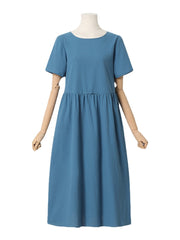 Solid Ruched Round Neck Short Sleeve Casual Cotton Midi Dress