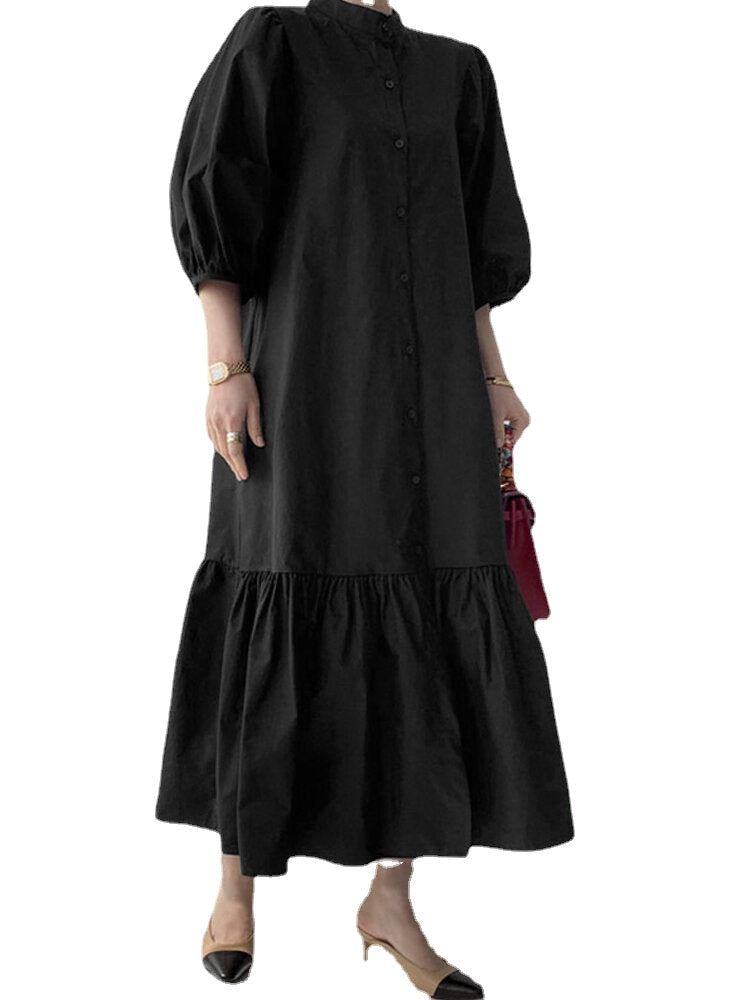 Women Solid Color Button Down Front 3/4 Sleeve Maxi Dresses