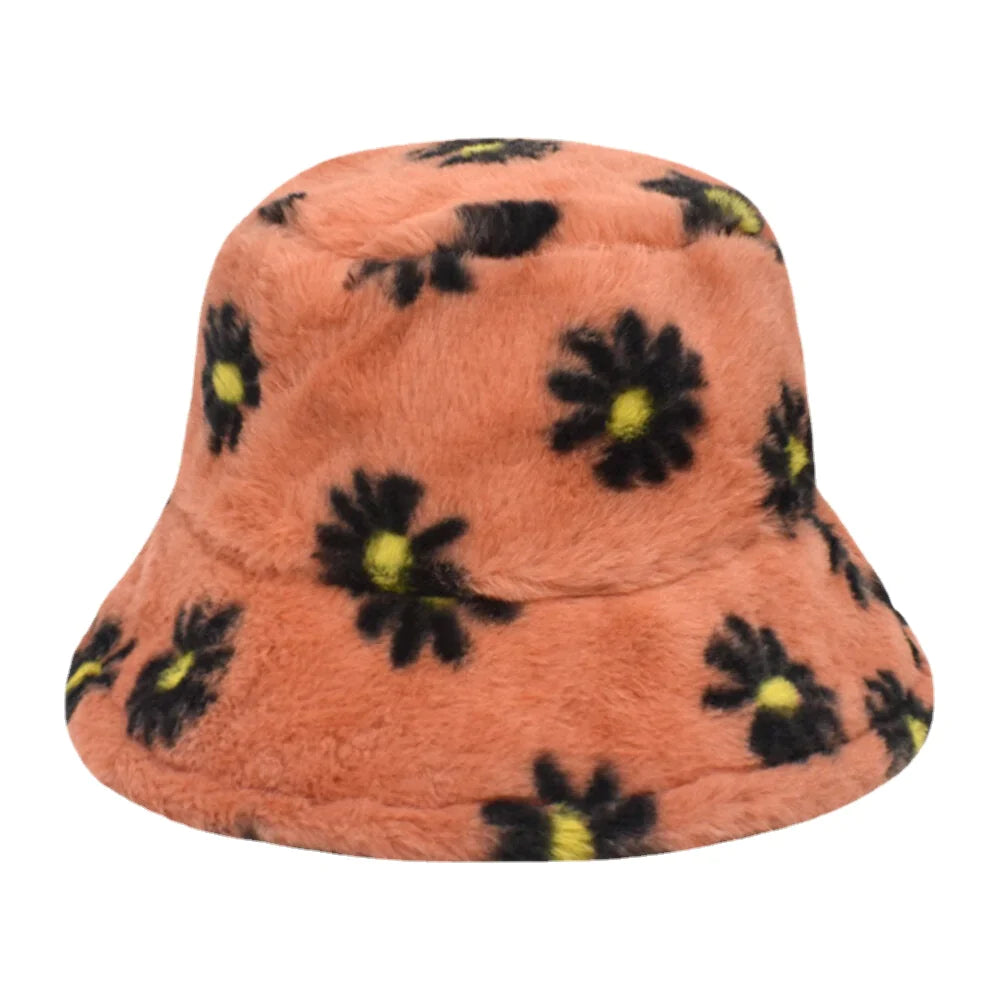 Women Lamb Hair Soft Warm Plus Thicken Casual All-match Cute Daisy Flower Pattern Bucket Hat