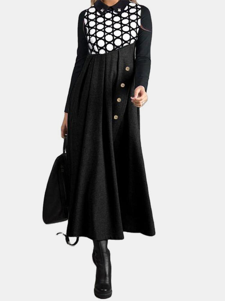 Women Polka Dot Print Patchwork Pleats Long Sleeve Maxi Dresses