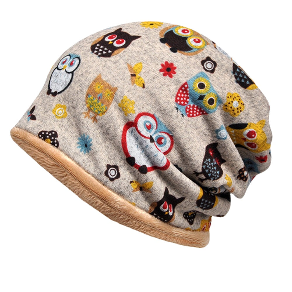 Women Plus Velvet Keep Warm Cartoon Animals Pattern Casual Personality Elastic Dual-use Neck Protection Beanie Scarf