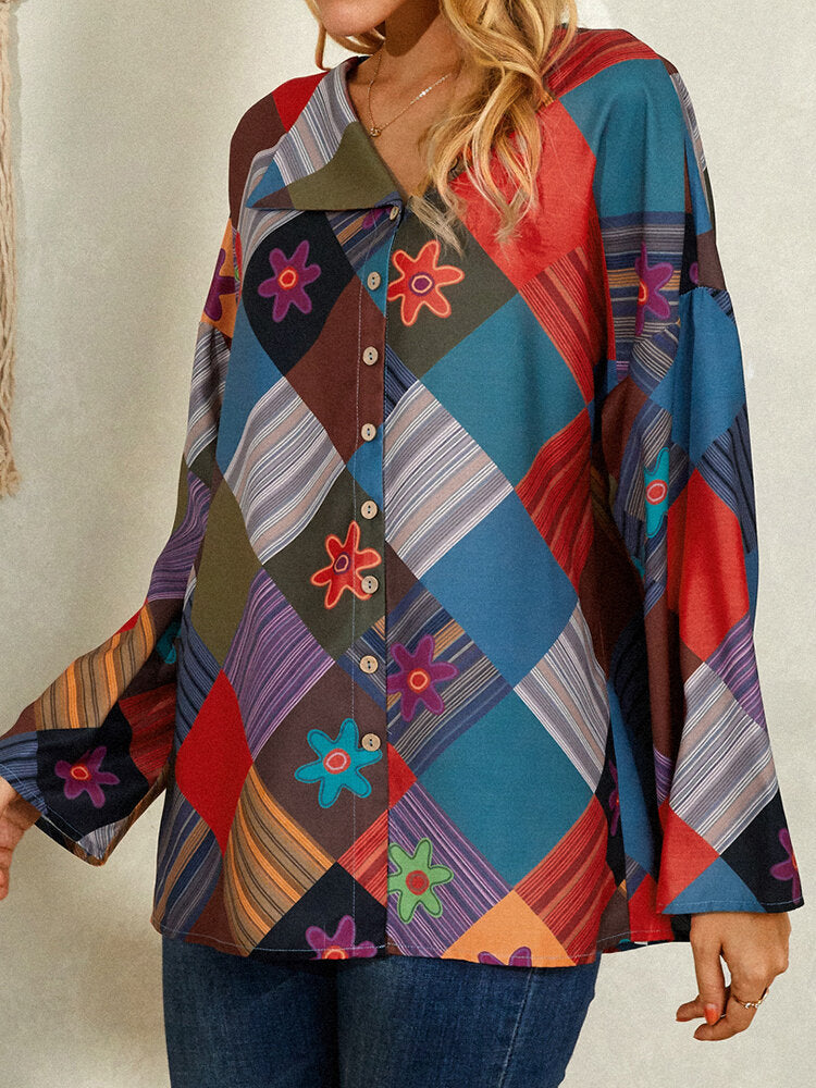 Women Color Block Floral Print Casual Button Up Long Sleeve Blouse