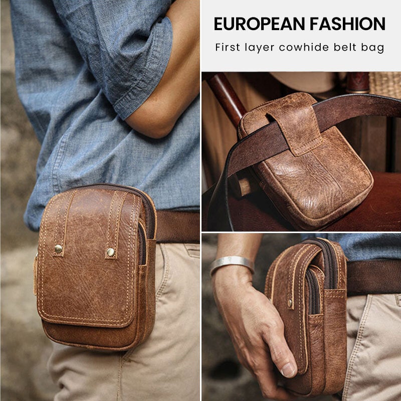 Men Matte Cowhide Waist Bag Multifunctional Large Capacity Vintage 6.3 Inch Phone