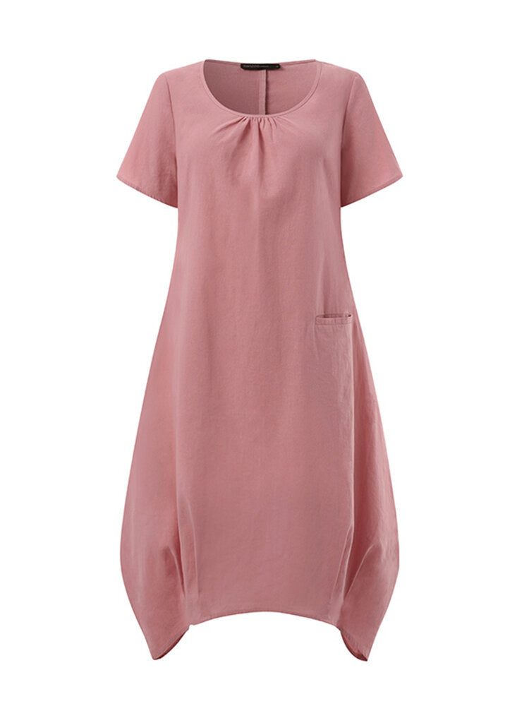 Solid Pocket Ruched Round Neck Short Sleeve Midi Dress