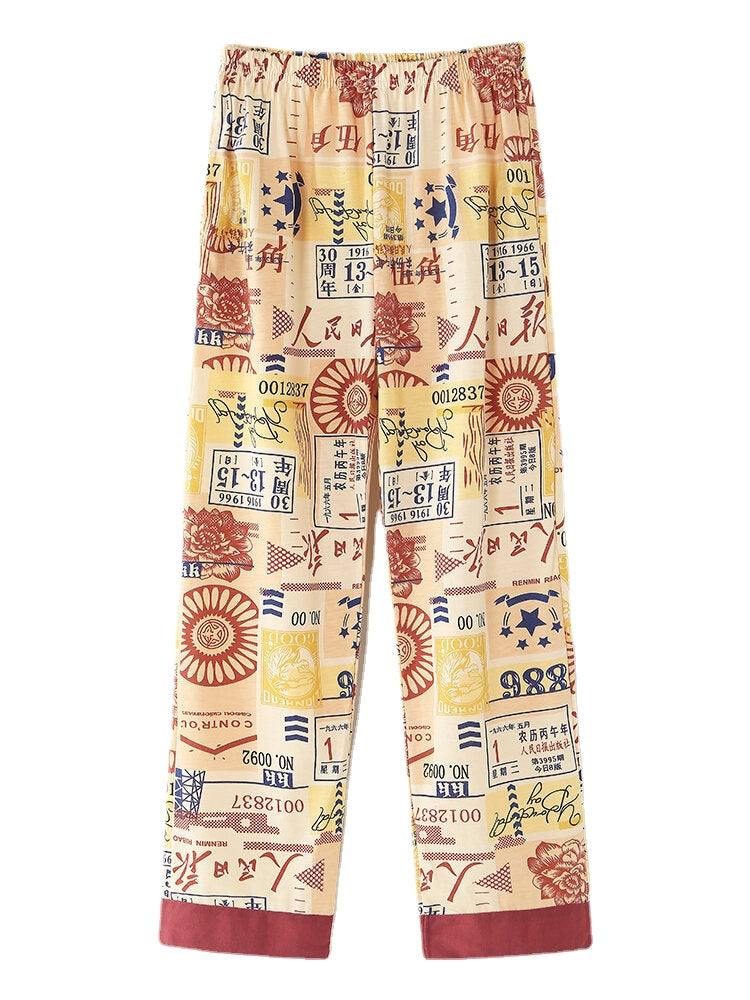 Women's Vintage Chinese Print Cotton Pajama Set - Button Up, Long Sleeve, Elastic Waist