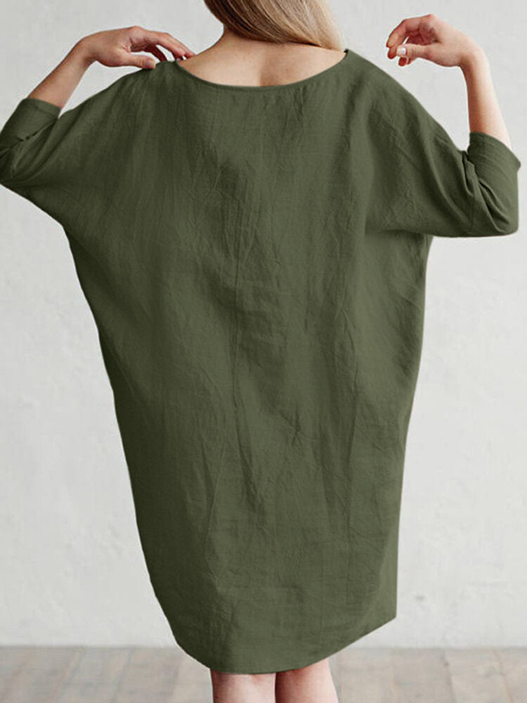 Solid Color 3/4 Sleeve O-neck Pocket Cotton Dress