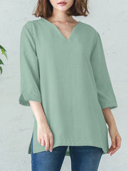 Solid Split V Neck Cotton Casual Blouse