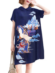 National Style Pattern Pocket Short Sleeve Midi Dress