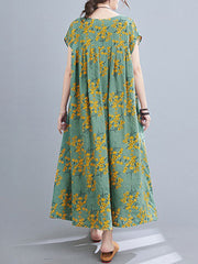 Floral Printed Bohemian Europe Retro Style O-Neck Loose Dress