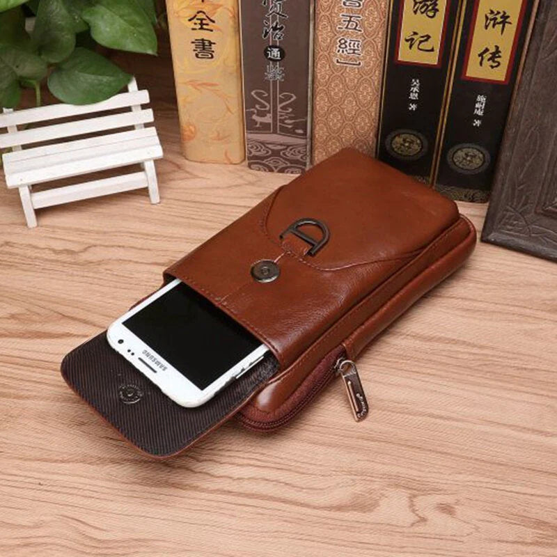 Men's Retro Leather Belt Bag, 6.5" Phone Holder, Wear-Resistant & Waterproof Waist Pack