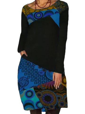 Women Ethnic Pattern Patchwork Casual Print Round Neck Long Sleeve Dress