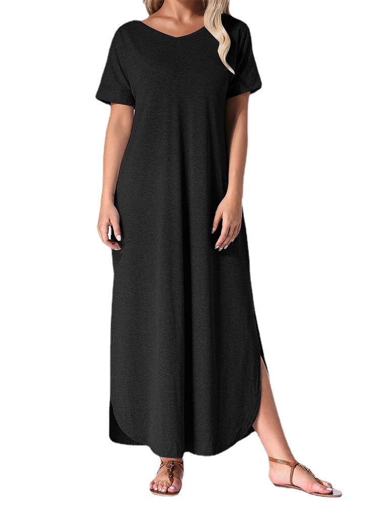 Solid Slit Hem Short Sleeve V-neck Maxi Dress