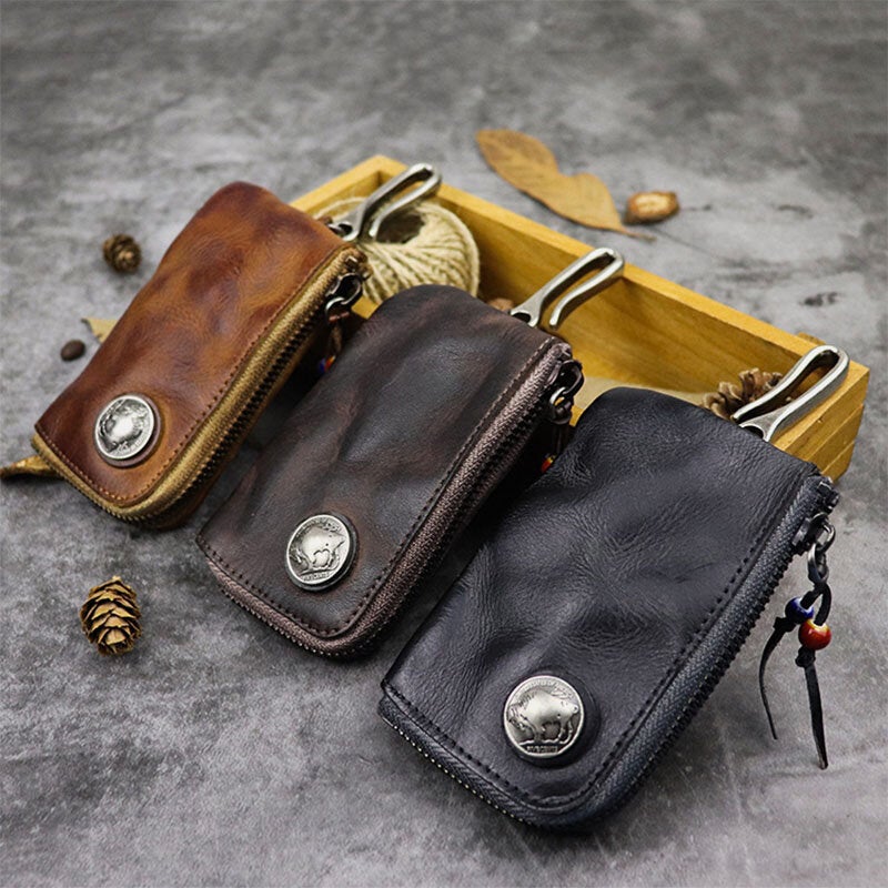 Men Vegetable Tanned Leather Metal Label Keychain Wallet Washed Retro Zipper Card Holder With Hook