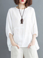 Solid Round Neck Bat Sleeve Casual Blouse