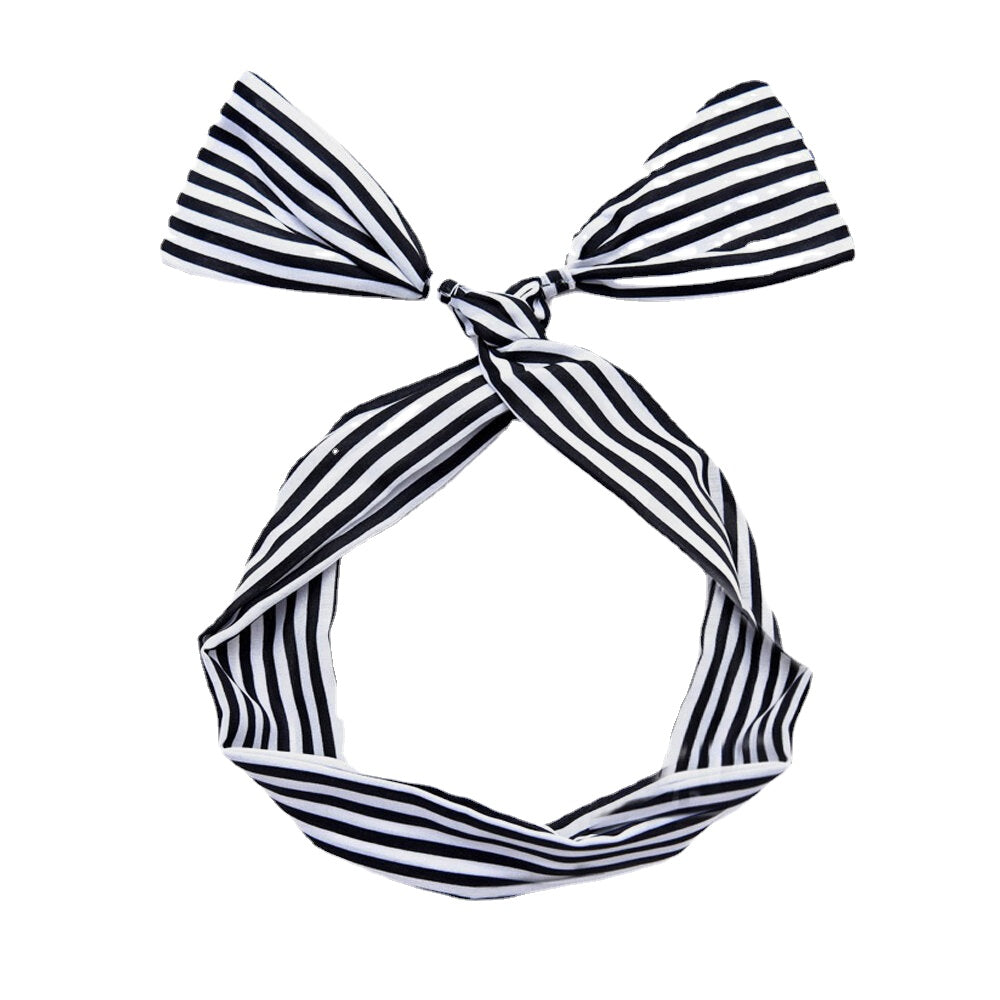 Women Cute Sweet Bow Headdress Dot Stripe Pattern With Adjustable Straight Wire Fabric Cross Tie Headband