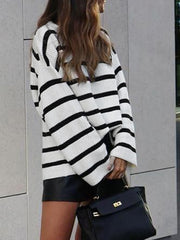 Women Black and White Striped O-Neck Casual Loose Fit Preppy Sweasters