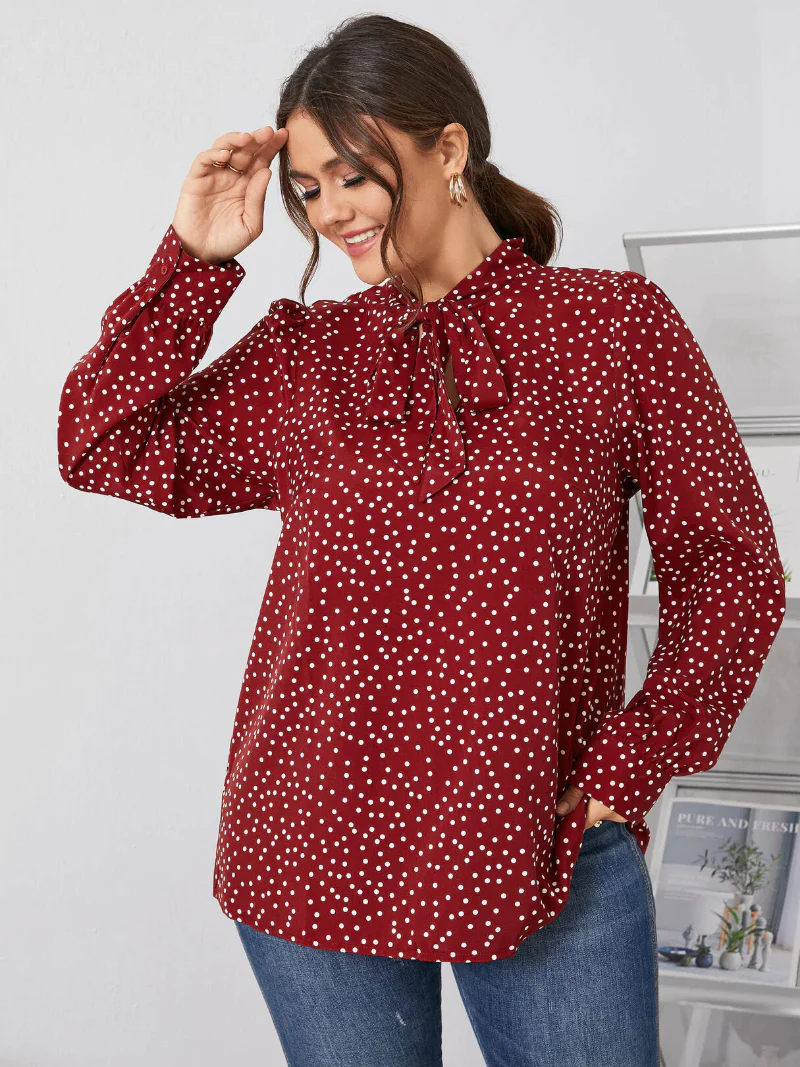 Plus Size Polka Dot Tie-up Design Long Sleeves Blouse