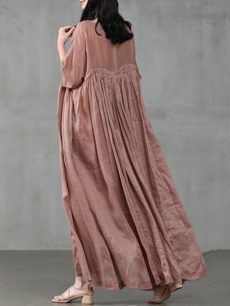 Women Vintage Cotton Solid Color Pleats Half Sleeve Swing Maxi Dresses