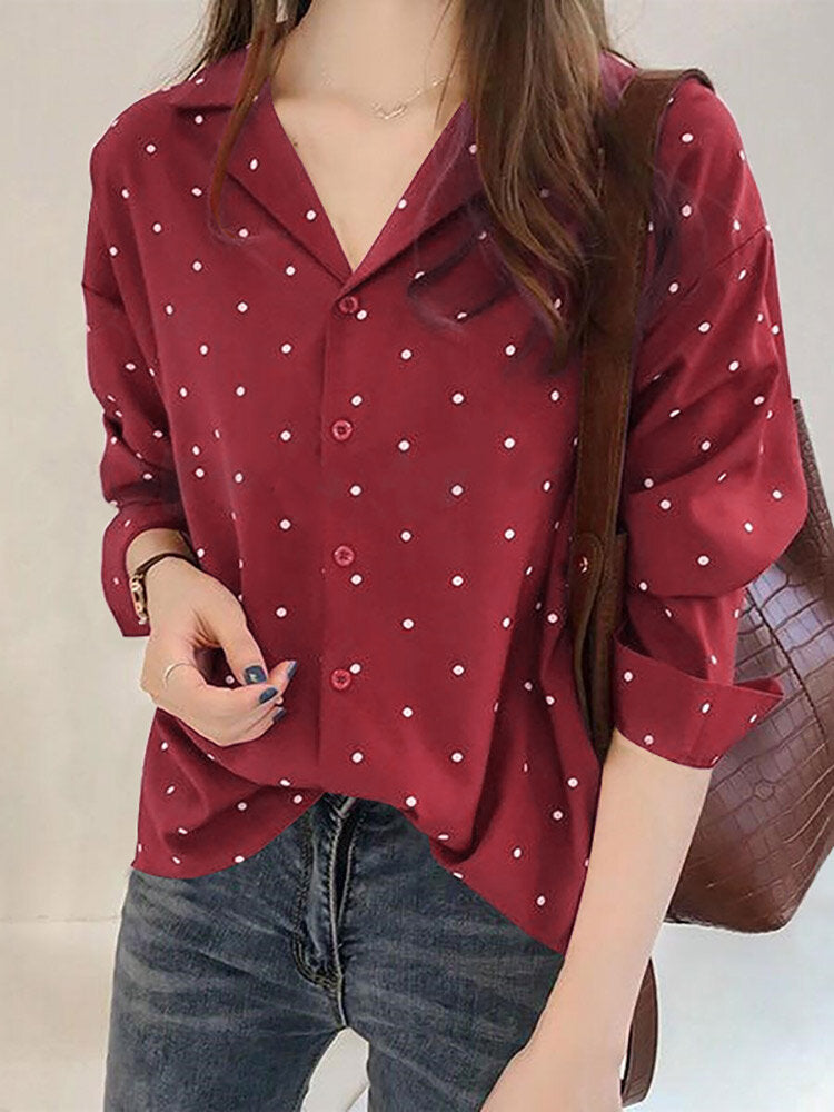 Dot Print Button Long Sleeve Lapel Blouse For Women