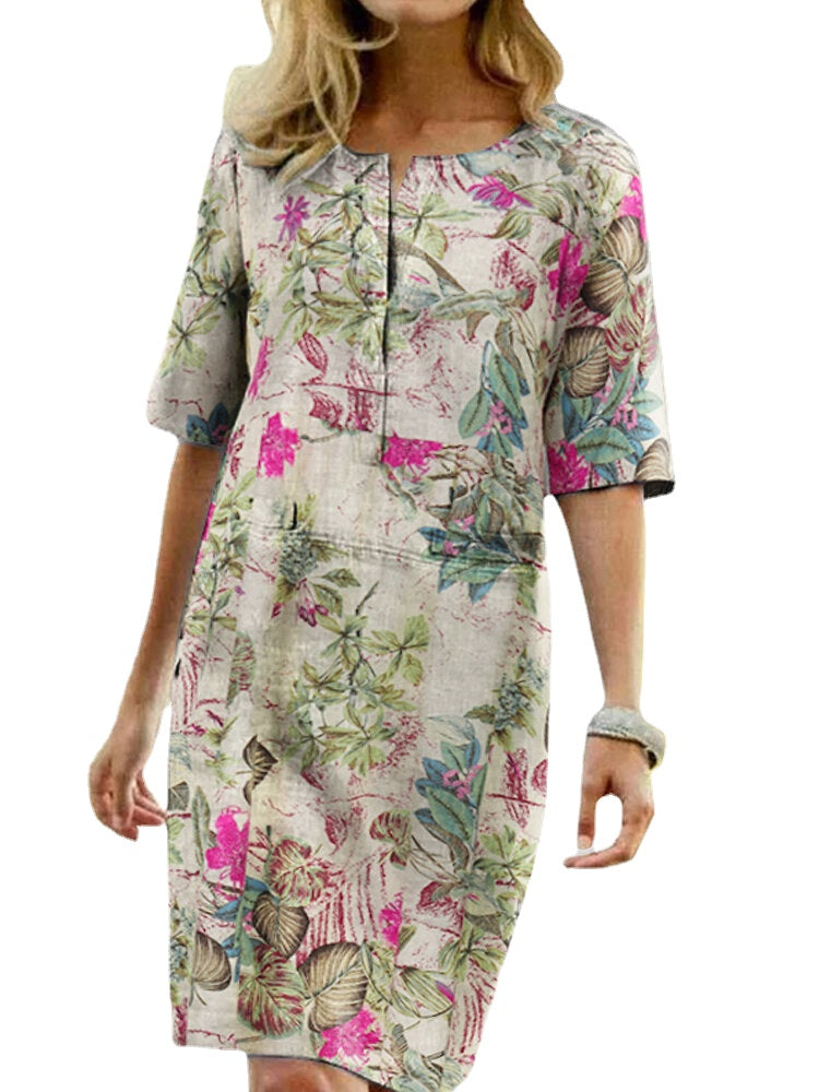 Women Vintage Cotton Floral Plant Print O-neck Half Sleeve Split Casual Dress