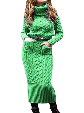 Pure Color High Collar Long Sleeve Knit Sweater Dress