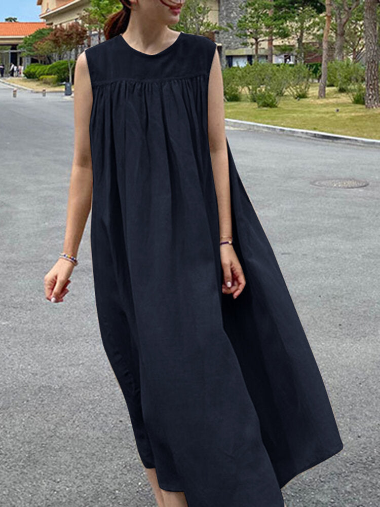 Solid Ruched Sleeveless Round Neck Casual Dress