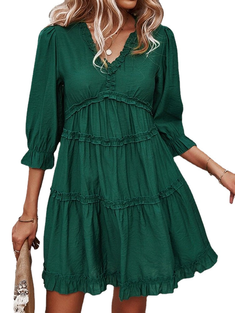 Solid Color V-neck 3/4 Sleeve Patchwork Casual Dress For Women
