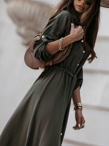 Women Solid Button Down Front Lace-Up Lapel Drop Shoulder Midi Dress