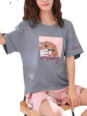 Cute Cartoon Print Short Sleeve Loose Two Piece Pajama Set For Women