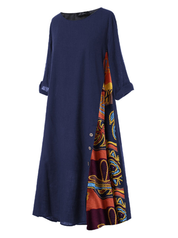 Ethnic Print Patchwork Buttons 3/4 Sleeve Vintage Maxi Dress